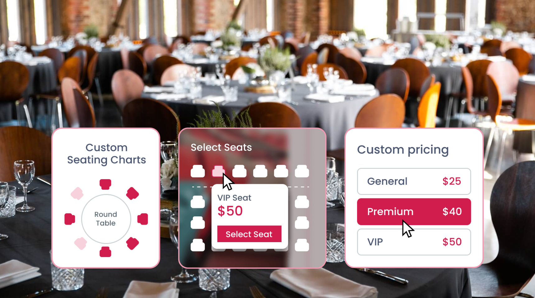 Image of a gala dinner with round tables, along with diagram of interactive seat selection.