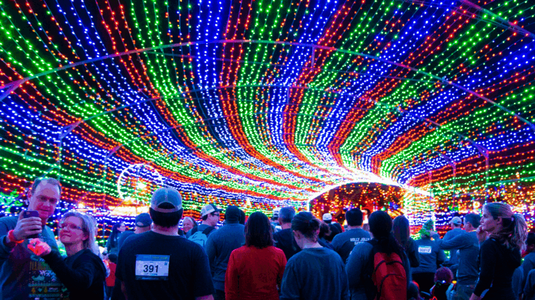 A crowd of people under a holiday light display